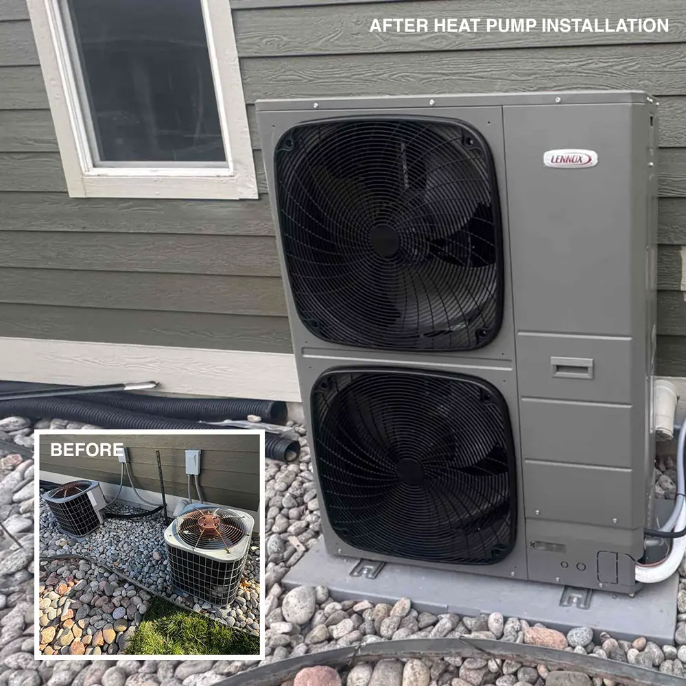 Before and after heat pump installation in Castle Rock showing proper HVAC replacement work